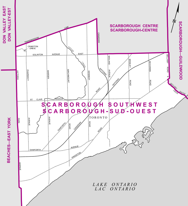 Its geography self-evident from the name, this riding is bordered by Victoria Park Avenue to the west, the Transmission Line and Eglinton to the north, and Bellamy Road (and creek) to the east.
