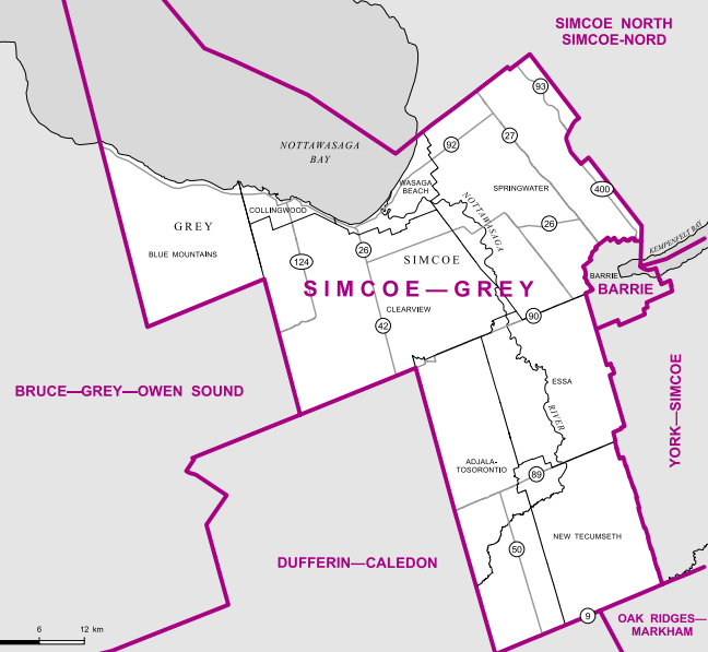 The west part of Simcoe County and the east part of Grey County, this riding surrounds Barrie to the north and west and includes the towns of Collingwood, Wasaga Beach and New Tecumseth.