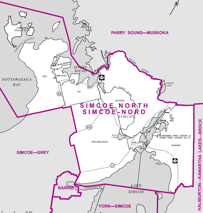 Sandwiched between Georgian Bay and Lake Simcoe, this riding’s northern border is Severn River, and its southern border is the midpoint of Lake Simcoe, just north of Beaverton. It includes the towns of Brechin, Orillia and Midland, along with a number of First Nations reserves.