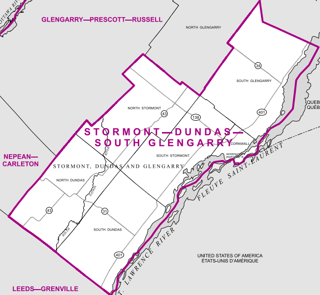 The easternmost of the ridings bordering the St. Lawrence River, this district stretches from the Quebec border to just west of Iroquois. Cornwall is the largest population centre by far.