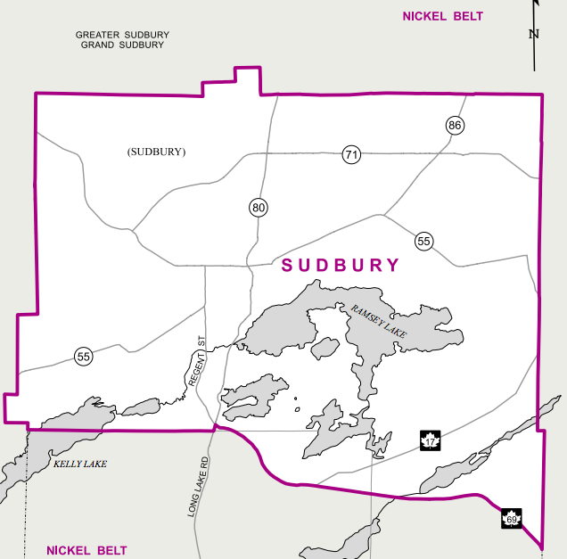 One of two strictly urban ridings in northern Ontario, this riding goes as far south as Regent Street, as far east as the SE Bypass, north to the Timberwolf Golf Club and east to Copper Hill.