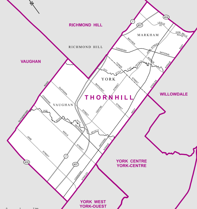 A suburb riding directly to Toronto’s north, the riding is bordered by Highway 400 to the west and 404 to the east, Steeles Avenue to the south and Highway 7 and Rutherford Drive to the north.