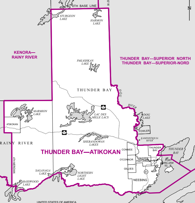 The riding comprises the southern Thunder Bay and the area west of the city and extends west to Atikokan. The riding includes anything south of the Harbour Expressway in Thunder Bay and a few rural areas north of the city.