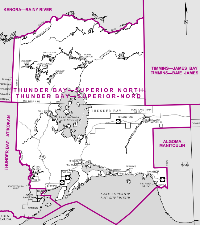 This riding includes most of Thunder Bay north of the Harbour Expressway, along with large swaths of rural northern Ontario extending east along Lake Superior to the town of Marathon.