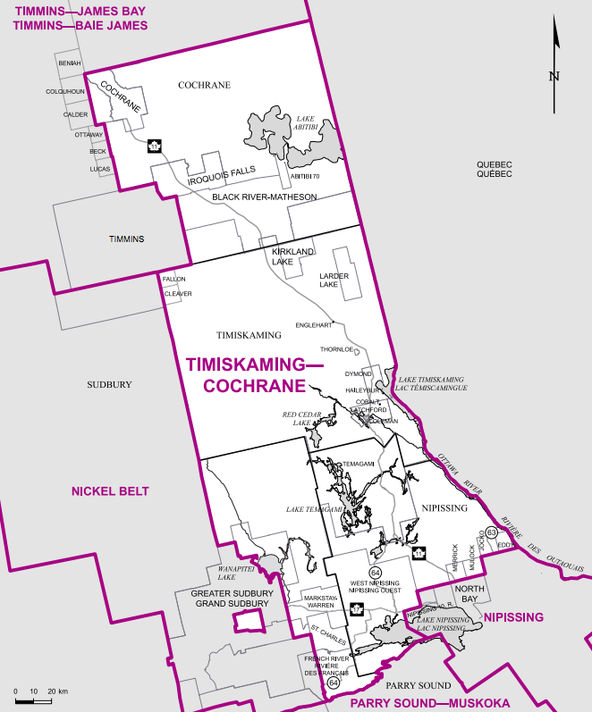 A rural riding on the Ontario-Quebec border, this riding goes as far south as Lake Nipissing (but excludes North Bay), as far west as the outskirts of Timmins, and as far north as Cochrane. West Nipissing and Temiskaming Shores are the largest population centres in this riding.