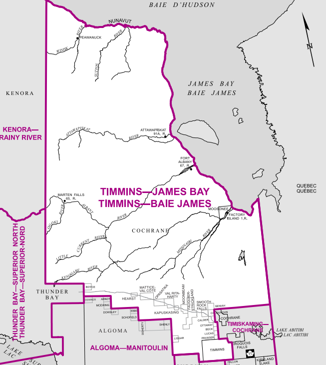 A large northern riding bordering both Hudson’s Bay and James Bay, this district extends northwest from Timmins to include a number of small towns along Highway 11, Moosonee on James Bay, and a number of First Nations reserves.