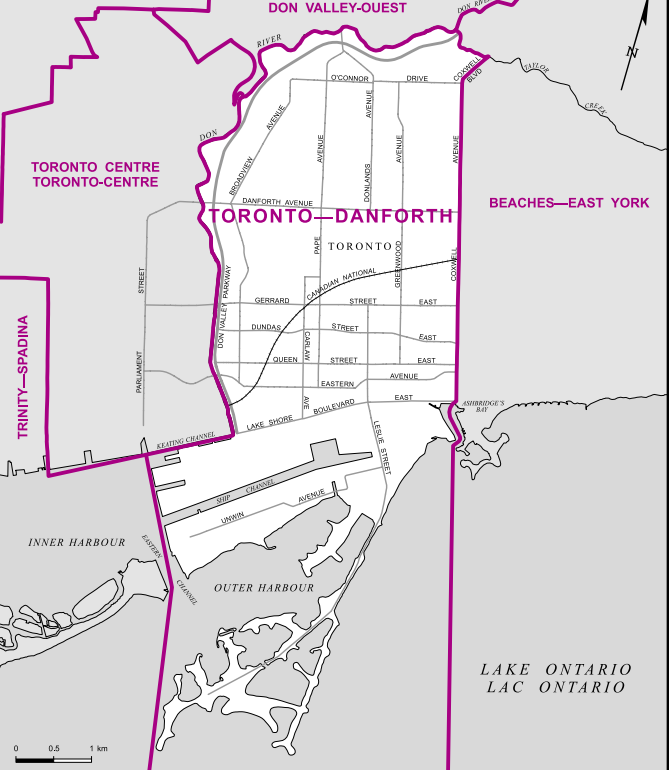 The second-smallest riding in Toronto, this 13.4 kilometre riding is bordered by the Don Valley to the west and north and Coxwell Avenue to the east.