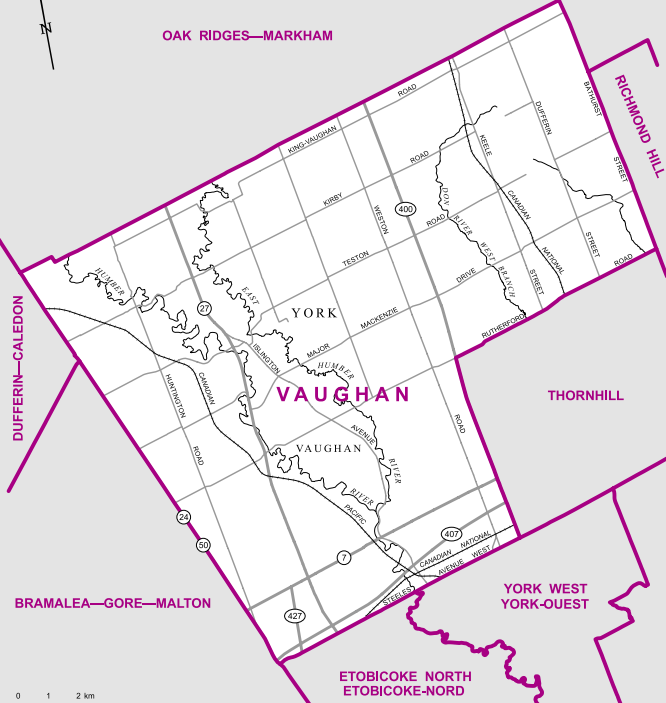 A suburb riding north of Etobicoke, this district includes everything in the city of Vaughan with the exception of the area east of Highway 400 and south of Rutherford Road.