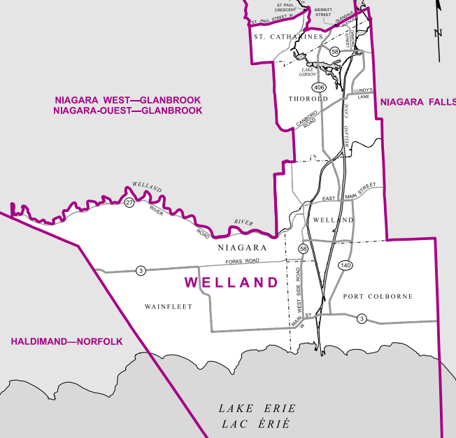 A suburban-rural riding in Niagara Municipality, this riding includes Thorold, Welland, Port Colborne and Wainfleet, along with a small bit of southwest St. Catharines.
