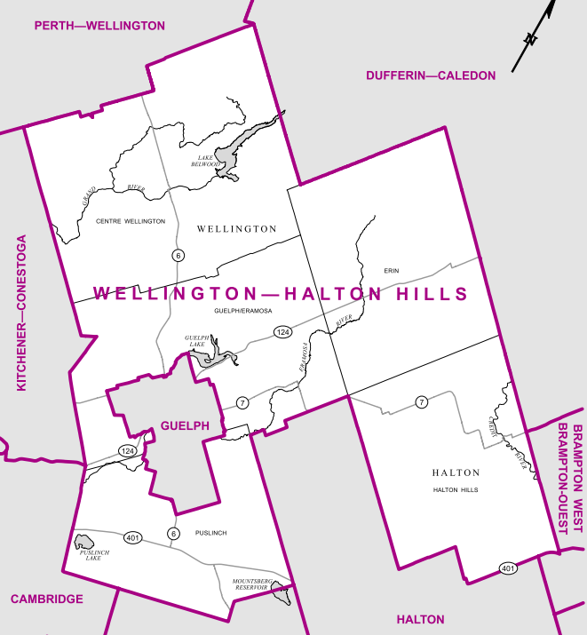 The only Ontario riding that completely encircles another one, this district surrounds the city of Guelph and also includes the municipality of Erin and the northeast, rural part of Halton.