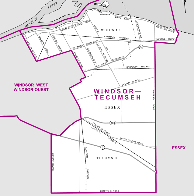 The eastern, more suburban-rural of Windsor’s two ridings, this district includes all of the bedroom town of Tecumseh, along with neighbourhoods in Windsor east of Langlois Avenue and Pilette Road.
