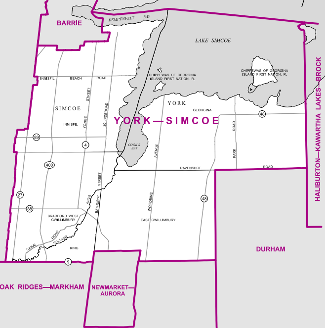 The “Riding Between Barrie and the GTA,” York-Simcoe is a rural riding containing East Gwillimbury and Bradford, along with the many small towns along the south shore of Lake Simcoe.