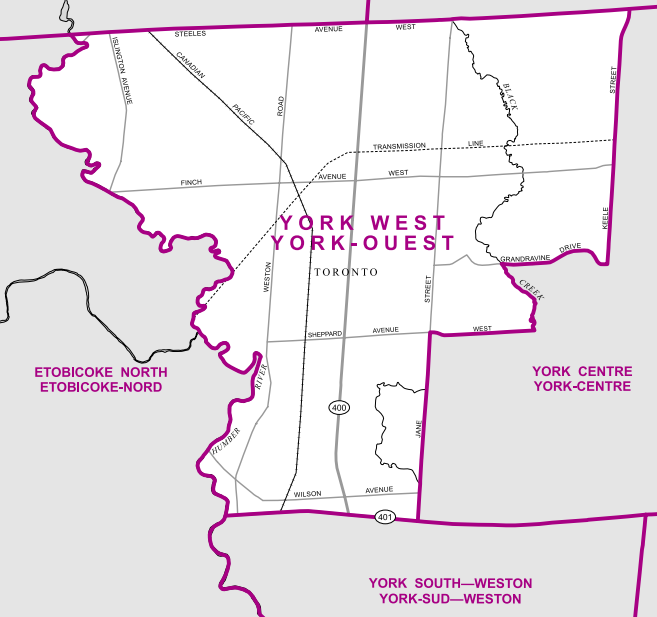 York West is bordered by the Humber River to the west, Steeles to the north, Highway 401 to the south and Jane Street, Black Creek and Keele Street to the east.