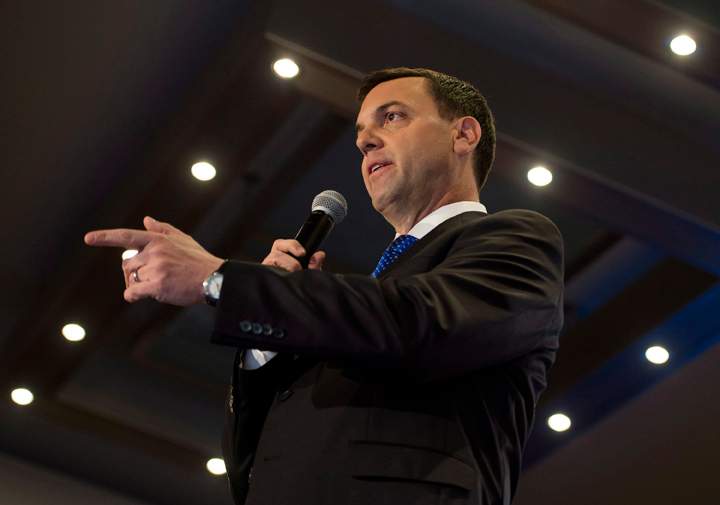 Ontario PC Leader Tim Hudak delivers a speech while campaigning in Toronto, Ont. on Wednesday, May 14, 2014.