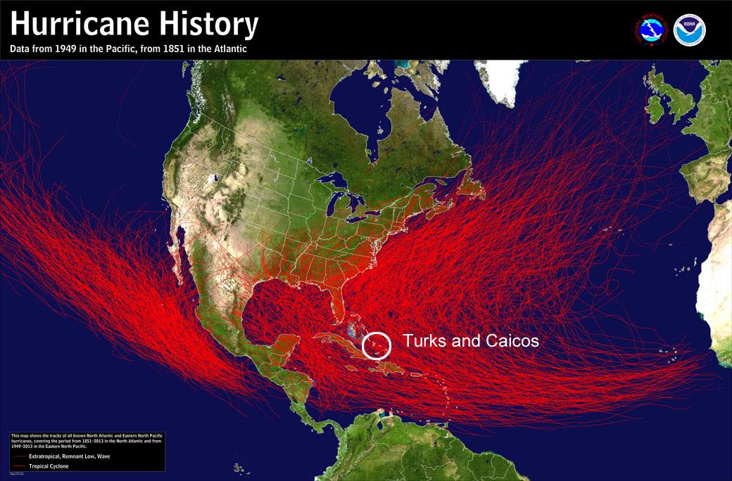 The path of hurricanes in the Atlantic and Pacific.