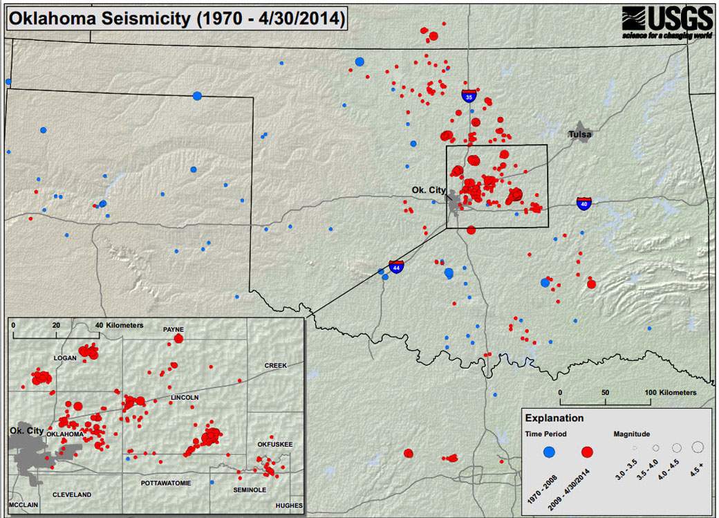 A map of earthquakes in Oklahoma from 1970 to 2008.