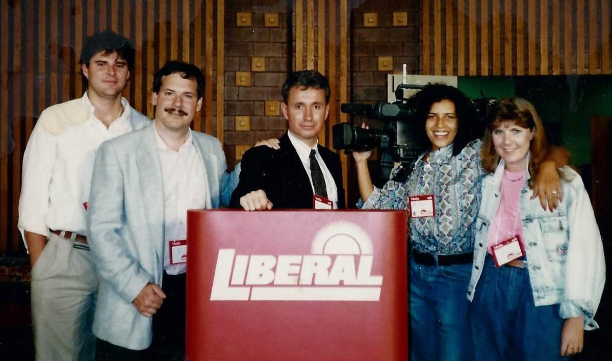 Global News staff members (from left to right) Ward Smith, John McKenna, Sean Mallen, Shamila Hunter and Sharon Murphy at David Peterson's campaign headquarters on election night in 1990.