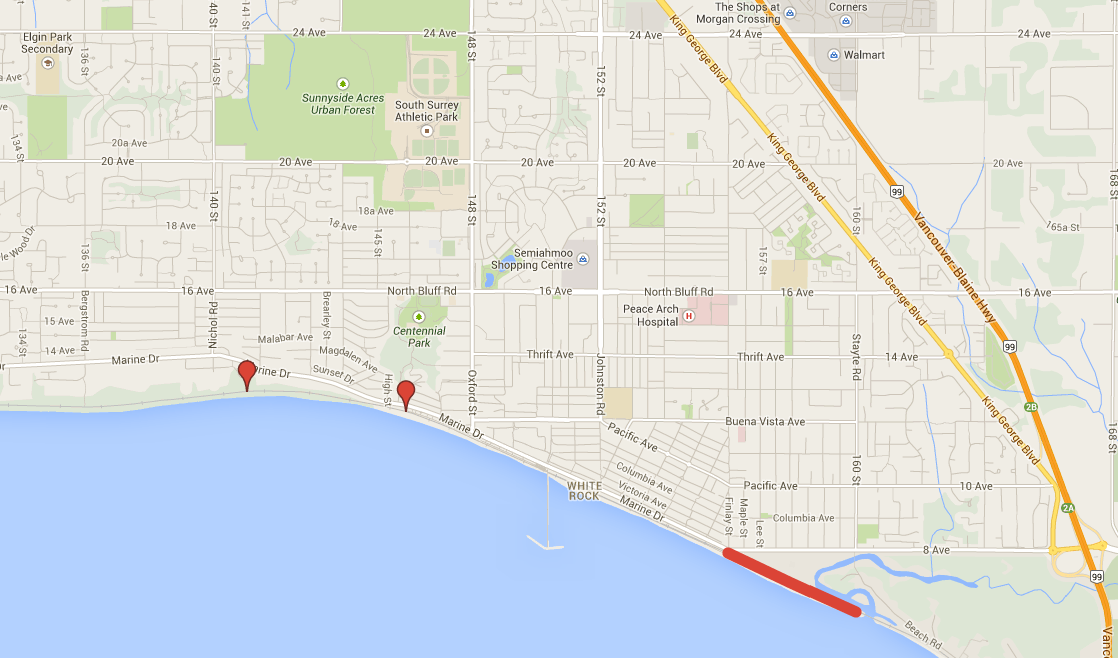Areas of the White Rock railway that will be fenced off by the end of the month: The Coldicutt Ravine, the West Beach boat launch, and Finlay street to the Semiahmoo reserve