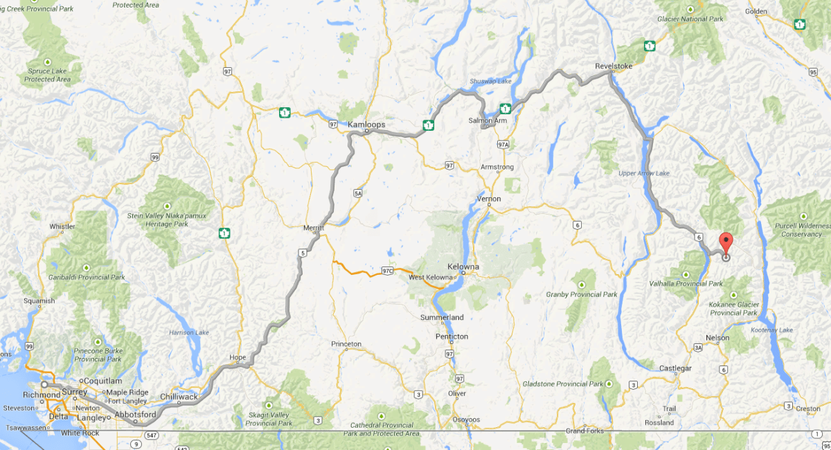 The route from Vancouver to Sandon, B.C.
