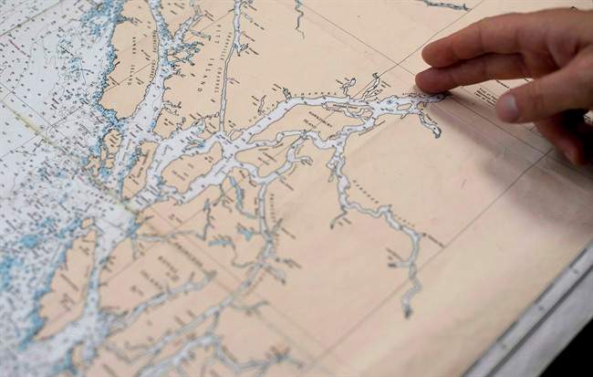 The proposed tanker route leaving from Kitimat, B.C. is shown on a map Thursday, Sept, 19, 2013.