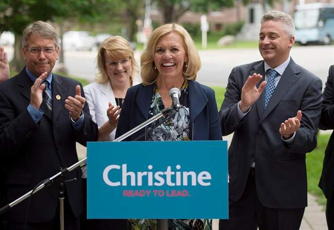 Christine Elliott, widow of former federal Finance Minister Jim Flaherty, announces her intention to run for the Ontario PC leadership during a press conference in Toronto on Wednesday, June 25, 2014. THE CANADIAN PRESS/Darren Calabrese.