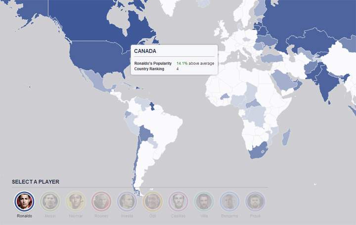 Facebook’s Fan Map shows users the top World Cup sportsmen on Facebook and where their fans are located. (Screenshot/Facebook)