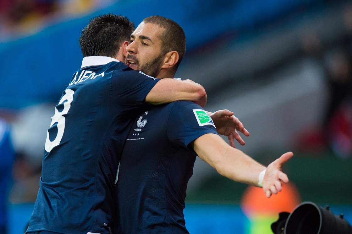 ORTO ALEGRE, BRAZIL - JUNE 15: Karim Benzema of France celebrates after scoring his team's third goal during the 2014 FIFA World Cup Brazil Group E match between France and Honduras at Estadio Beira-Rio on June 15, 2014 in Porto Alegre, Brazil. (Photo by Vinicius Costa/Getty Images)