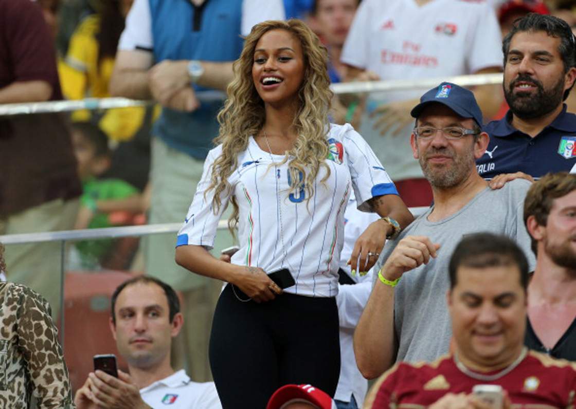MANAUS, BRAZIL - JUNE 14: Fanny Neguesha, belgian fiancee of Mario Balotelli of Italy attends the 2014 FIFA World Cup Brazil Group D match between England and Italy at Arena Amazonia on June 14, 2014 in Manaus, Brazil. (Photo by Jean Catuffe/Getty Images)