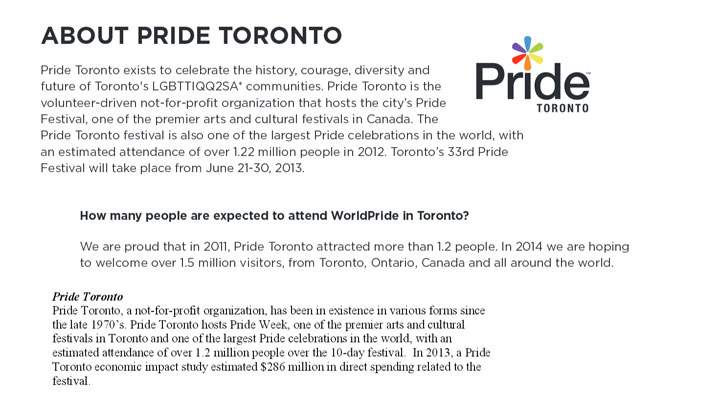 Attendance figures on the Pride Toronto website and (bottom) in a City of Toronto staff report.
