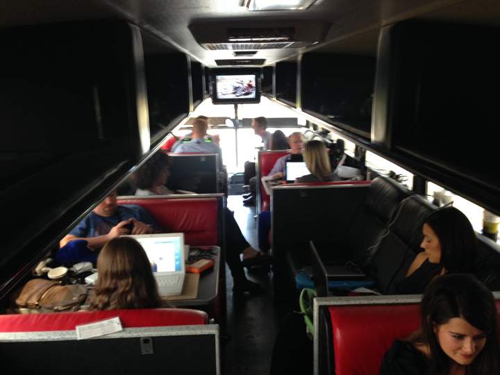 Reporters on the NDP's "Easy Rider" bus