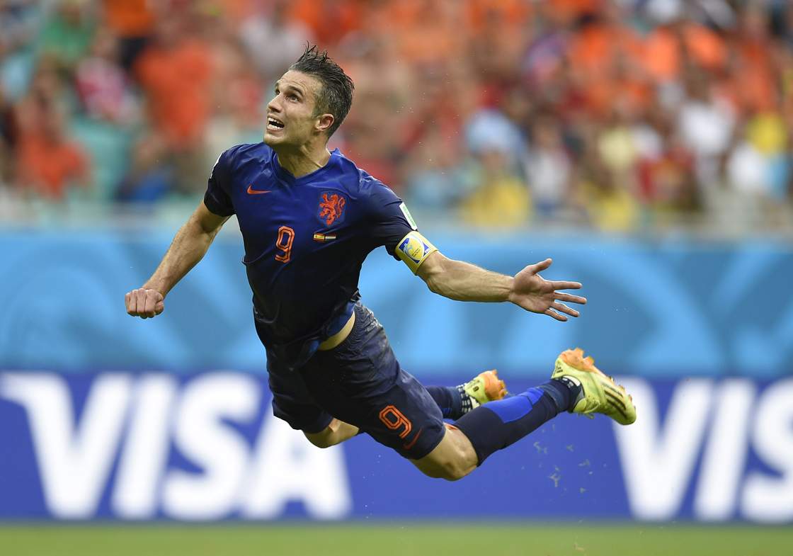 A superb header from Netherlands' forward Robin van Persie was the first of five goals for Netherlands.