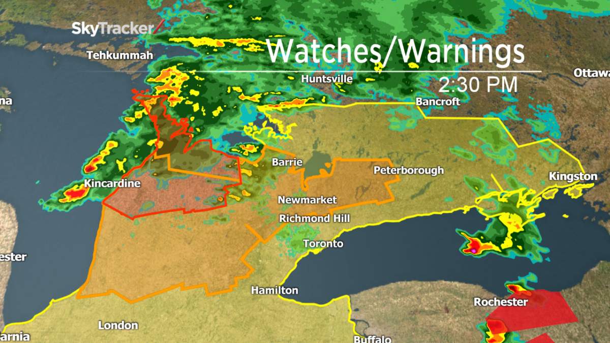 A tornado watch (in orange) was issued for parts of southern Ontario on Tuesday, June 18, 2014.