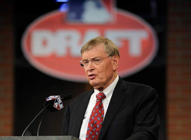 Commissioner of Major League Baseball Bud Selig announces the selections during the 2014 MLB baseball draft Thursday, June 5, 2014, in Secaucus, N.J. (AP Photo/Bill Kostroun).