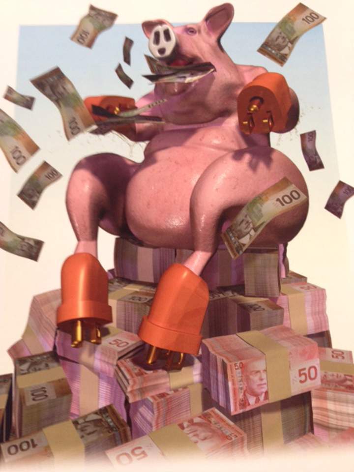 A drawing from the Ombusman report shows a large pig with electrical plugs for limbs chewing on a mouthful of bills