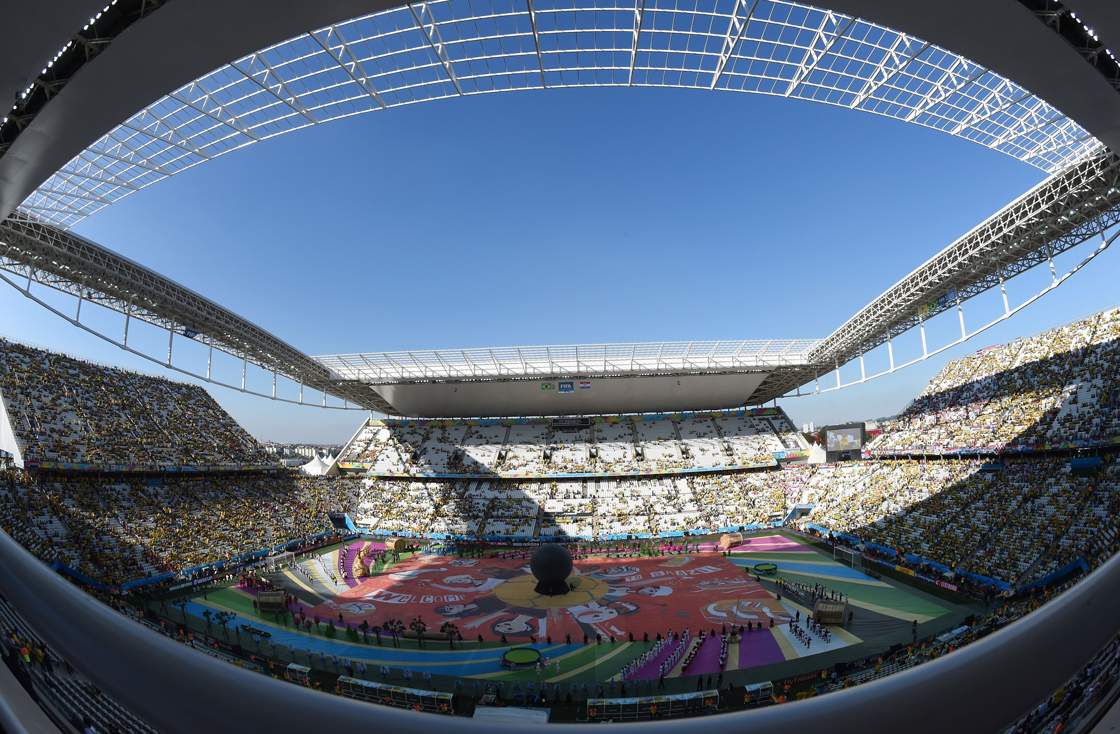 Participants take part in the opening ceremony of the 2014 FIFA World Cup at the Corinthians Arena in Sao Paulo on June 12, 2014, prior to the opening Group A football match between Brazil and Croatia. AFP PHOTO / FRANCOIS-XAVIER MARIT (Photo credit should read FRANCOIS-XAVIER MARIT/AFP/Getty Images)