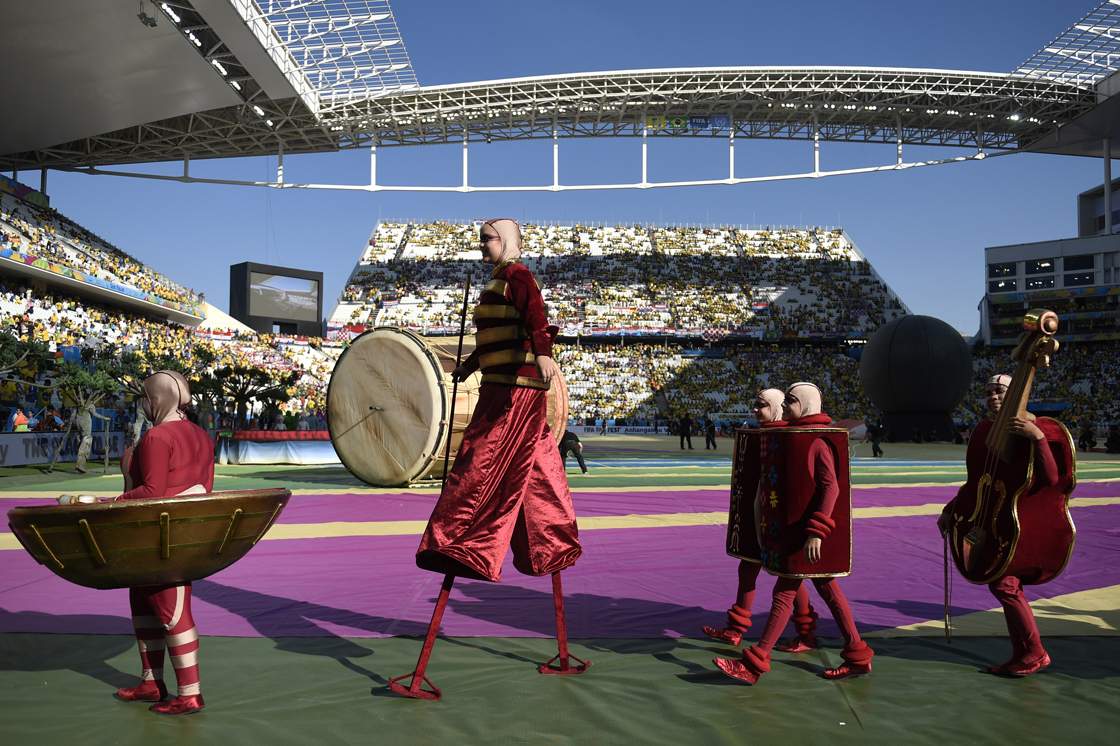 Performers take part in the opening ceremony of the 2014 FIFA World Cup at the Corinthians Arena in Sao Paulo on June 12, 2014. AFP PHOTO / ODD ANDERSEN (Photo credit should read ODD ANDERSEN/AFP/Getty Images)