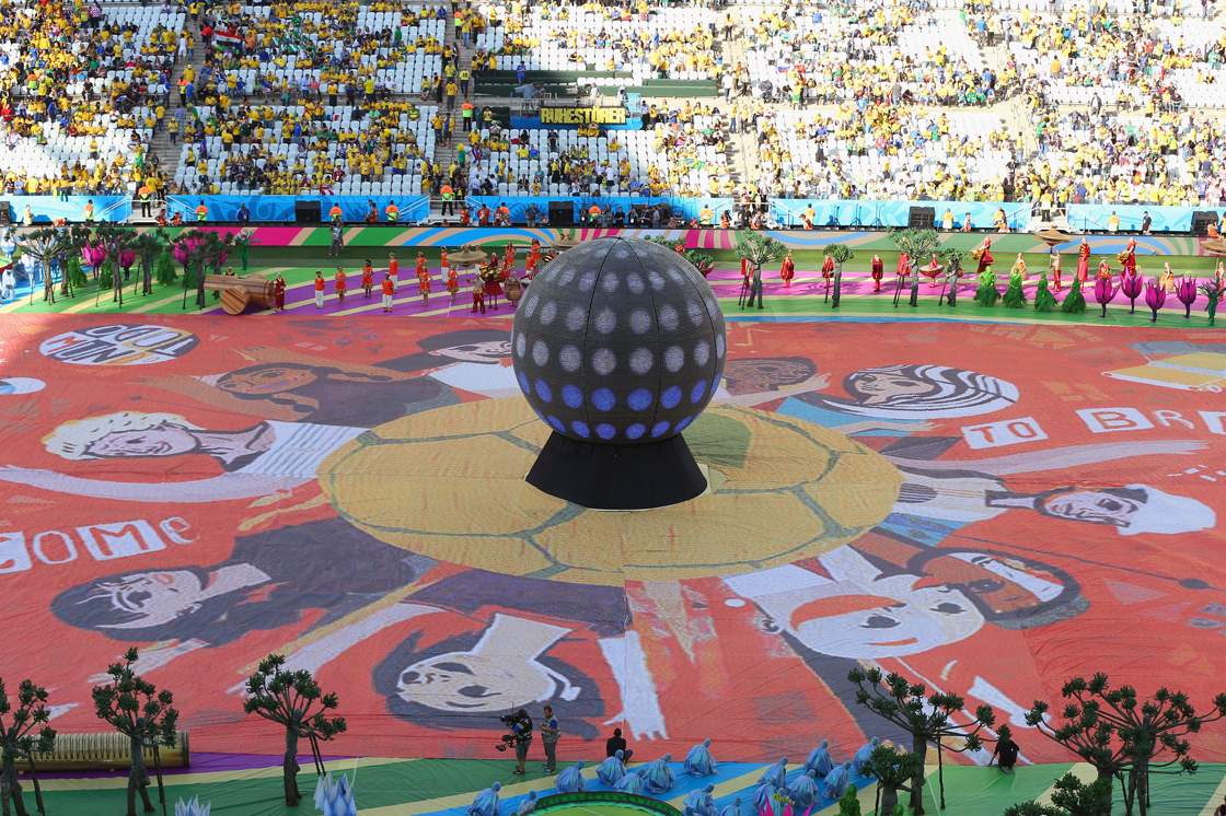 Performers take part in the opening ceremony of the 2014 FIFA football World Cup at the Corinthians Arena in Sao Paulo on June 12, 2014. AFP PHOTO / VANDERLEI ALMEIDA (Photo credit should read VANDERLEI ALMEIDA/AFP/Getty Images)