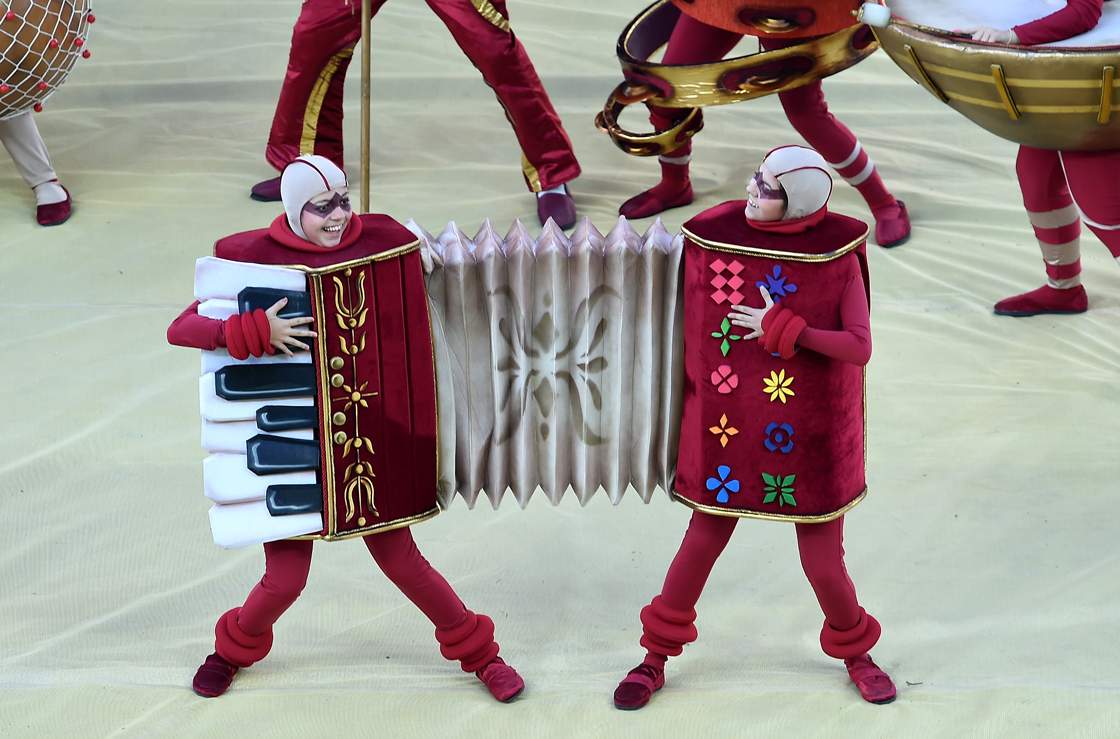 Performers take part in the opening ceremony of the 2014 FIFA World Cup at the Corinthians Arena in Sao Paulo on June 12, 2014, prior to the opening Group A football match between Brazil and Croatia. AFP PHOTO / PEDRO UGARTE (Photo credit should read PEDRO UGARTE/AFP/Getty Images)
