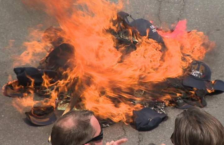 Hundreds of city workers in Montreal participated in protests with firefighters lighting hats on fire to show their frustration with proposed pension reforms on June 17, 2014.