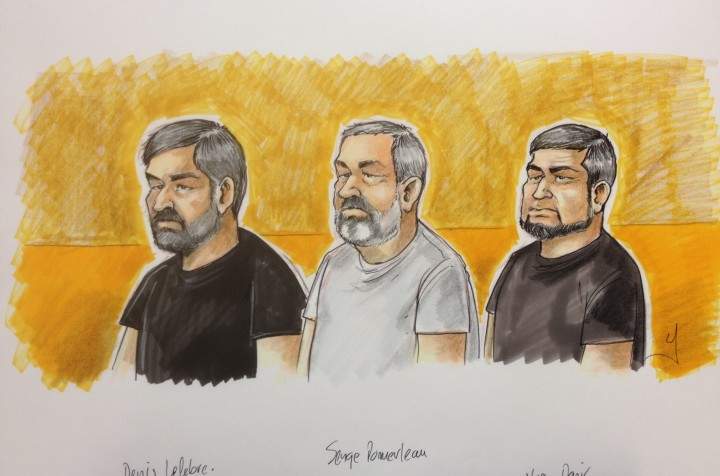A drawing of the escapees in court.