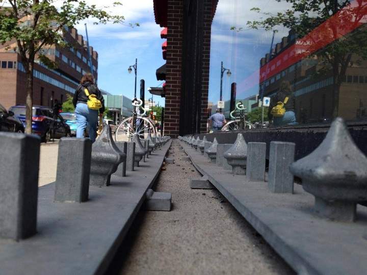 A glimpse of the so-called "homeless spikes" outside a store in downtown Montreal on June 10, 2014.