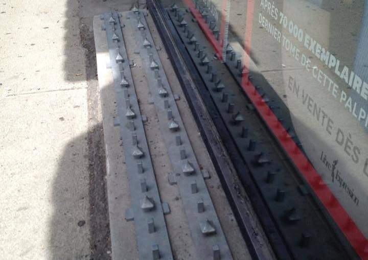 A glimpse of the so-called "homeless spikes" outside a store in downtown Montreal on June 10, 2014.