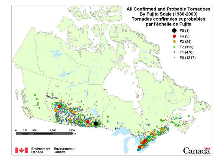 Most tornadoes in Canada occur in southern Ontario and the Prairies.