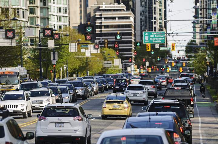 Rush hour traffic along Vancouver’s West Georgia Street, May 5, 2014.