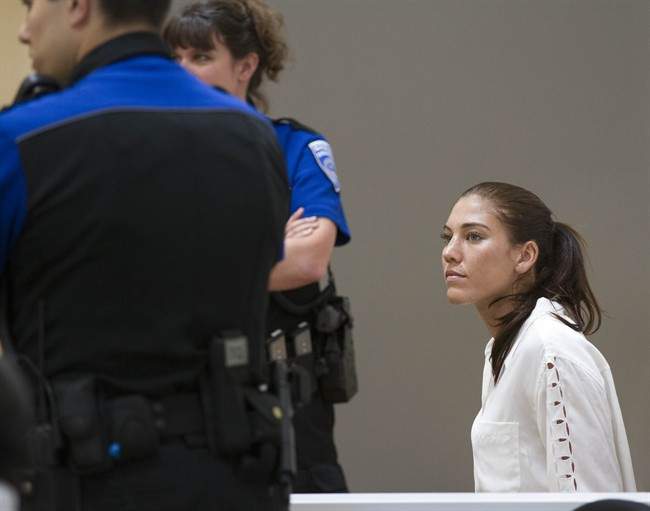 U.S. women's soccer team goalkeeper Hope Solo appears in Kirkland Municipal Court on Monday, June 23, 2014.