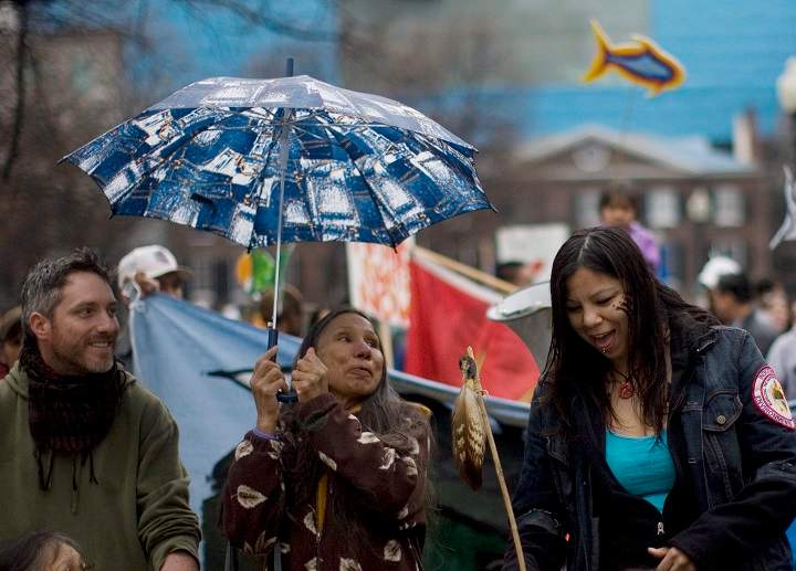 Demonstrators gather during a protest in Toronto on Wednesday April 7, 2010 to highlight demands for the restitution for mercury poisoning which is claimed to be affecting the health of the community in Grassy Narrows, Ontario.
