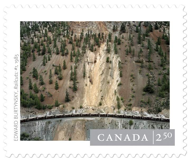 This Canada Post stamp features Railcuts #1, shot in 1985 by Edward Burtynsky.