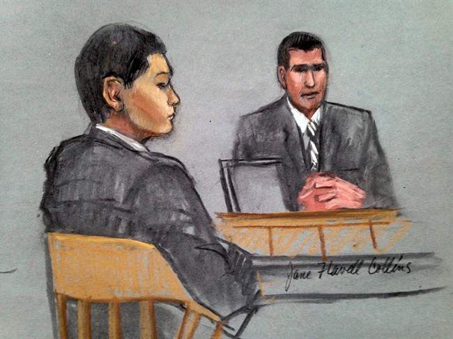 In this courtroom sketch, defendant Azamat Tazhayakov, left, a college friend of Boston Marathon bombing suspect Dzhokhar Tsarnaev, is depicted listening to testimony by FBI Special Agent Phil Christiana, right, during the first day of his federal obstruction of justice trial Monday, July 7, 2014 in Boston.