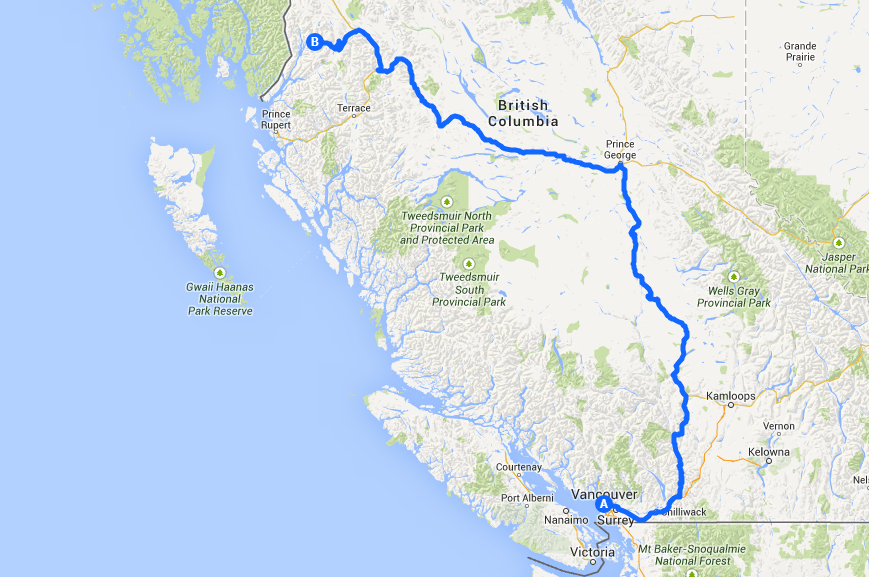 The route from Vancouver to Kitsault