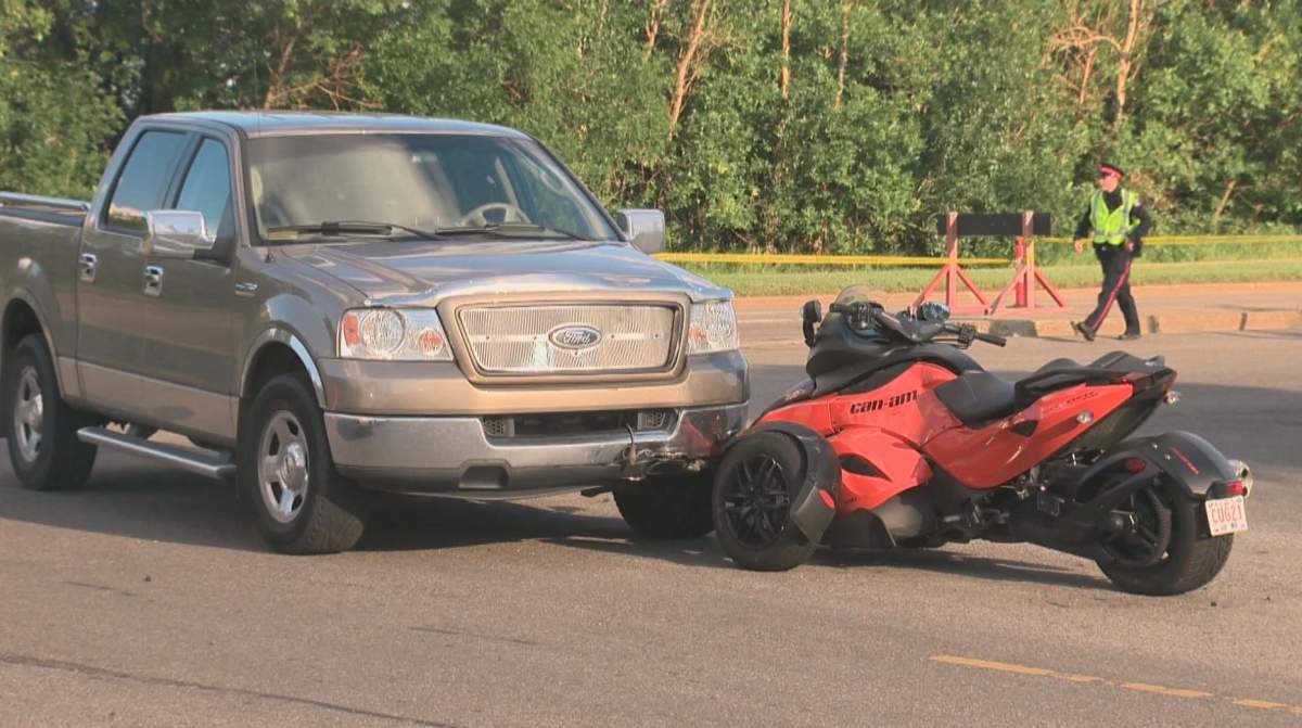 One man was sent to hospital following a serious injury collision between Ford F-150 and Can-Am Spyder on Castle Downs Road.Sunday, July 27, 2014.